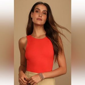 Bestie Orange Red Ribbed Scoop Back Bodysuit